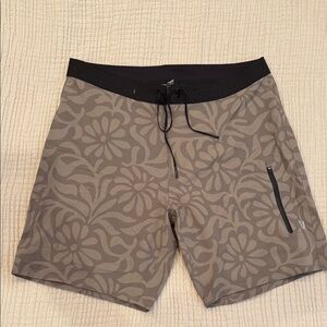 Vuori Tan and Black Floral Board Shorts